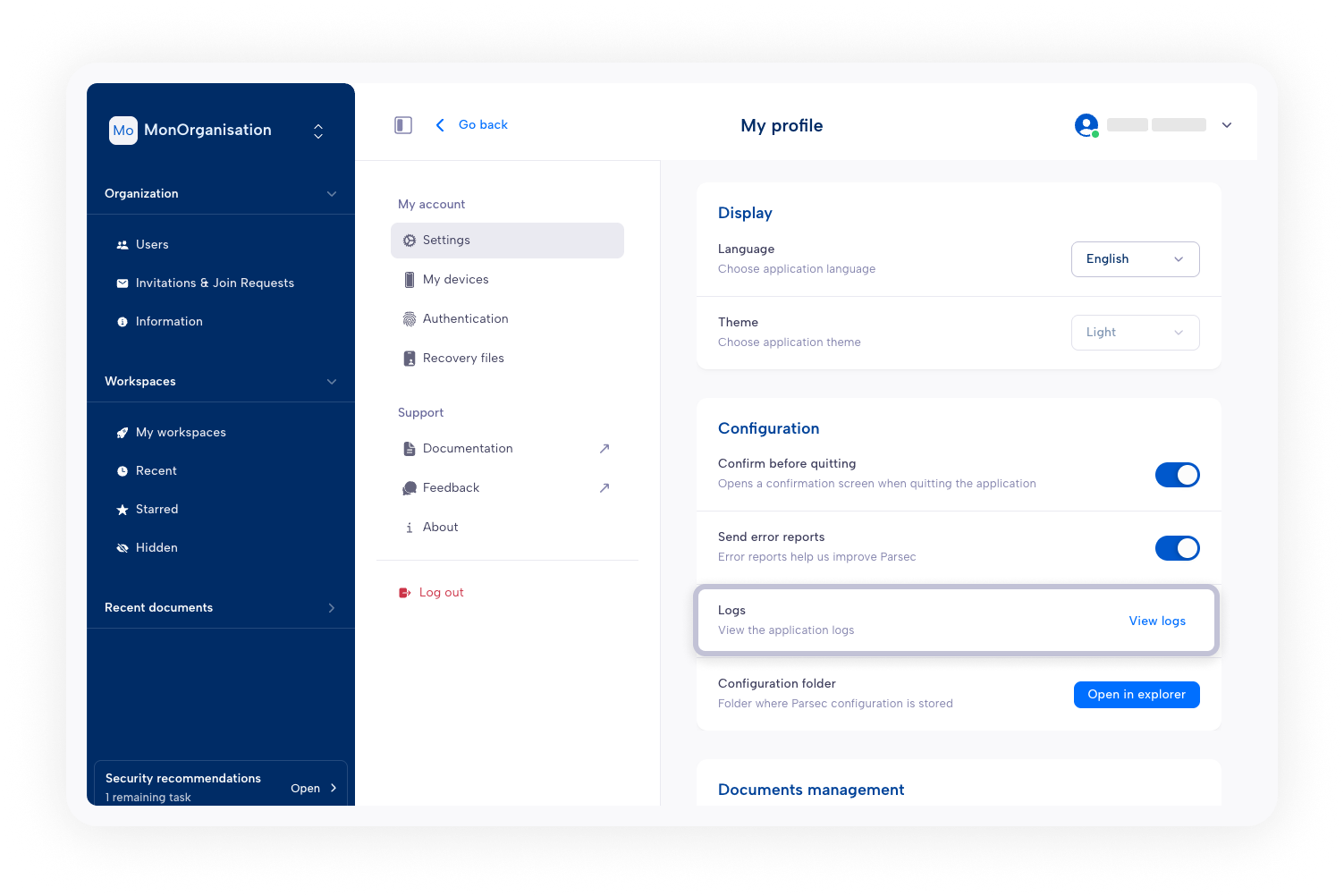 Setting modal highlighting *Logs* entry when logged to an organization