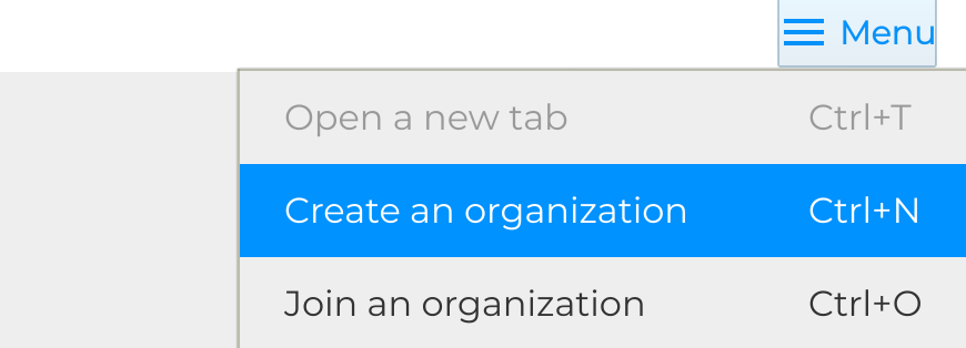 Create an organization in menu