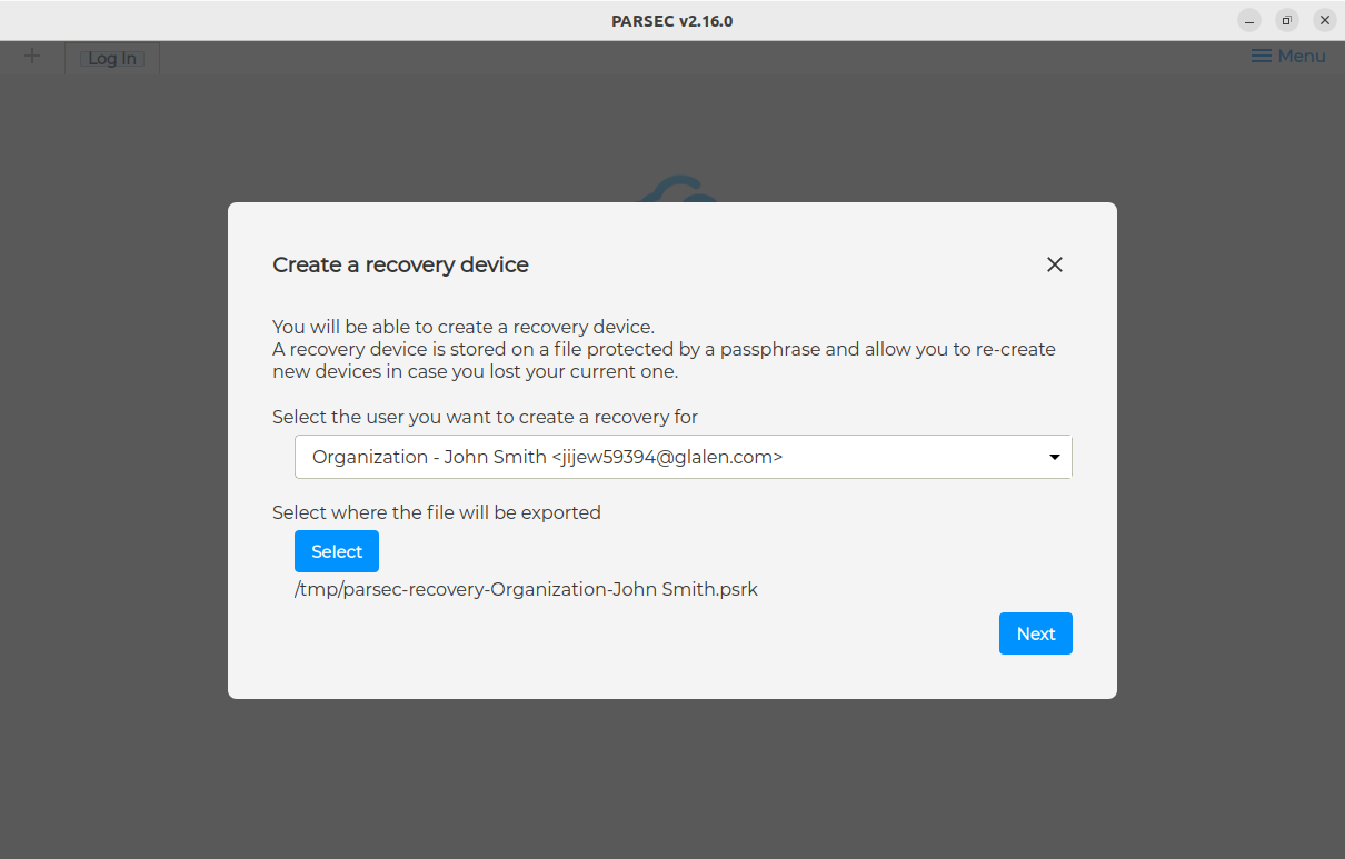 Create a recovery device modal