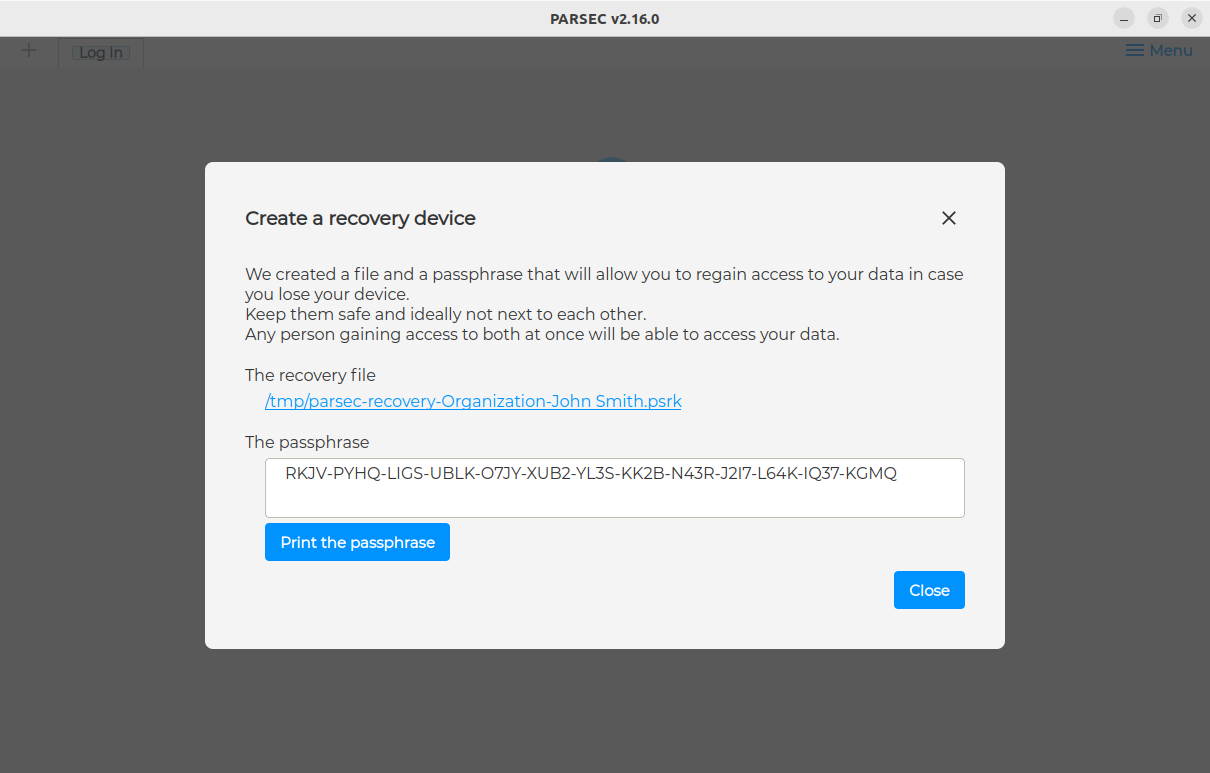 Create a recovery device confirmation modal