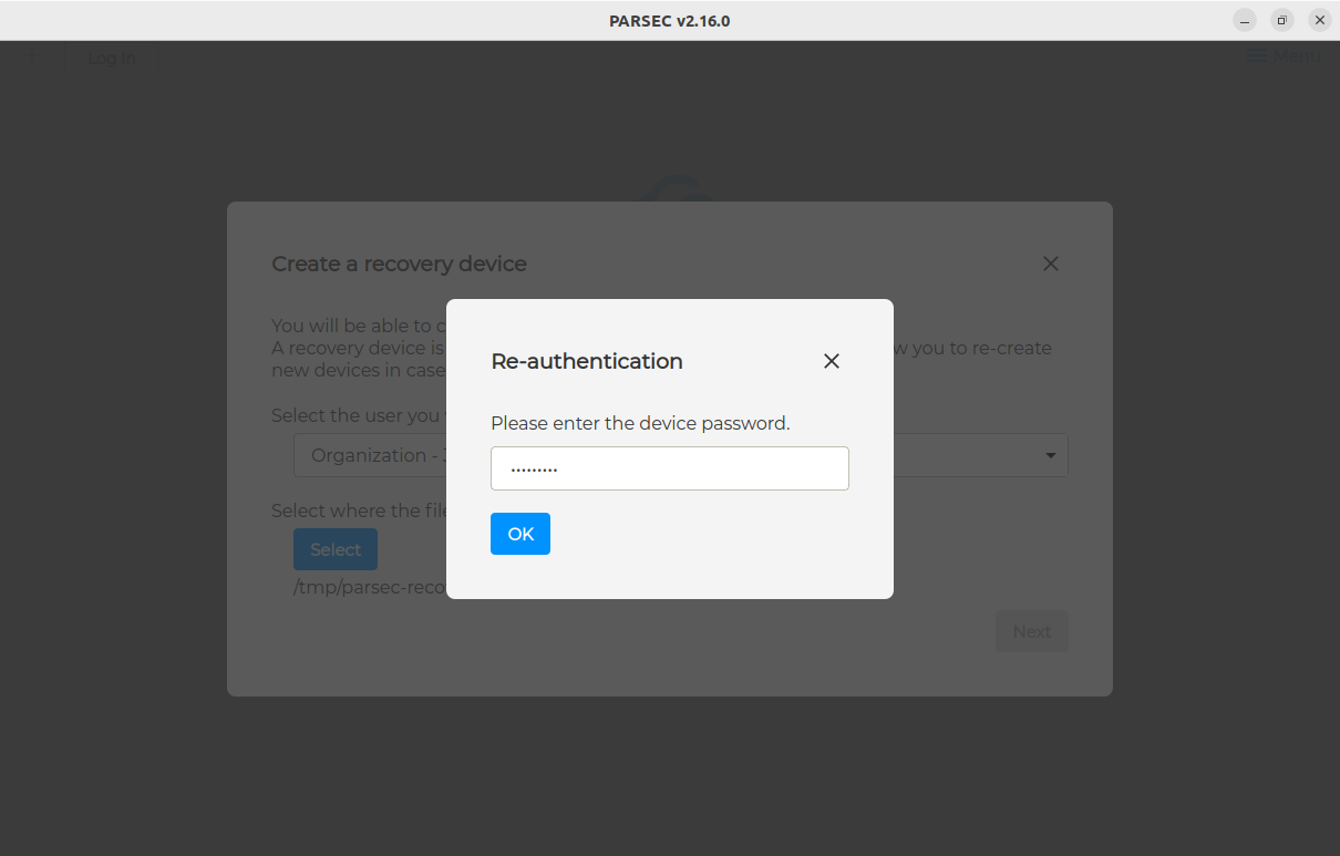 Create a recovery device authentication modal