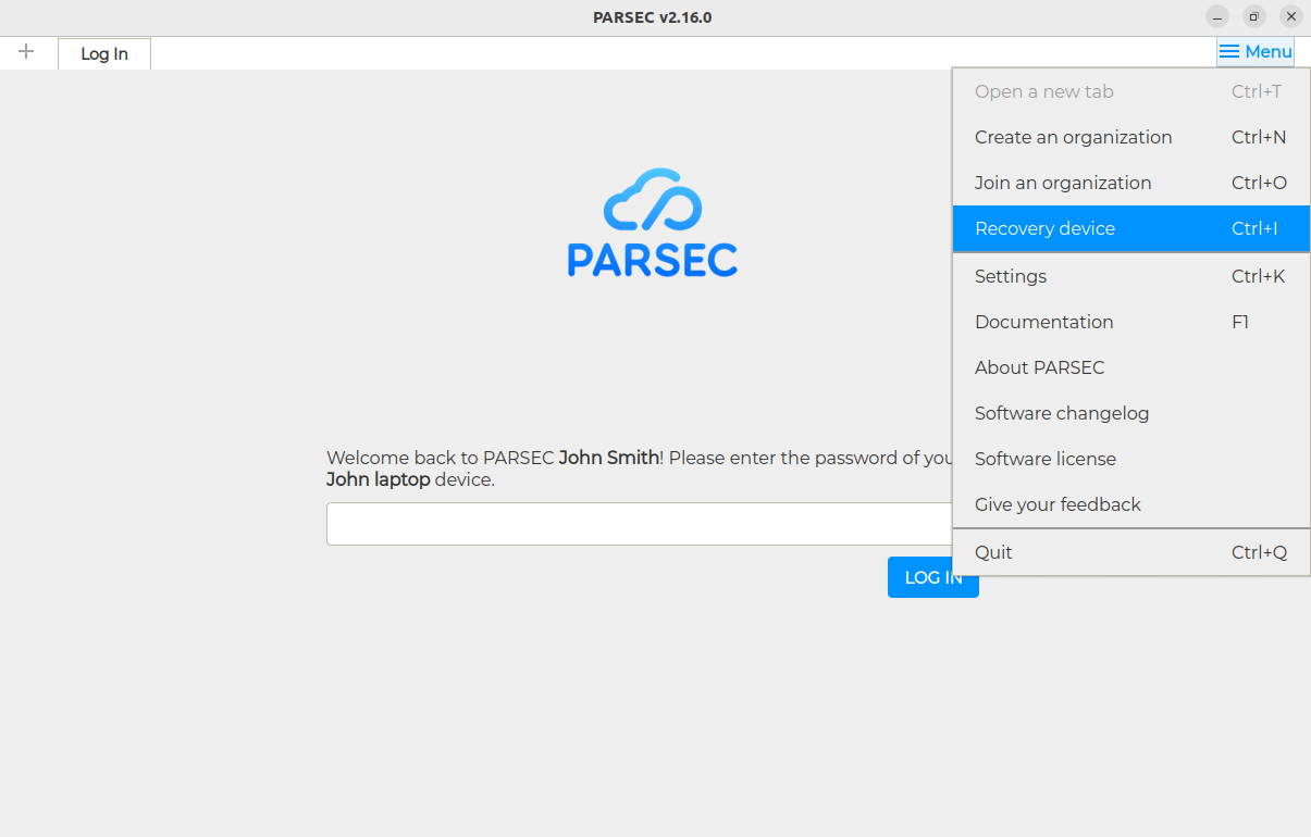 Parsec menu with recovery device option highlighted