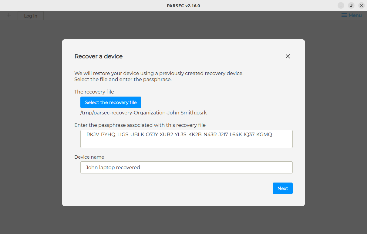 Recover a device modal