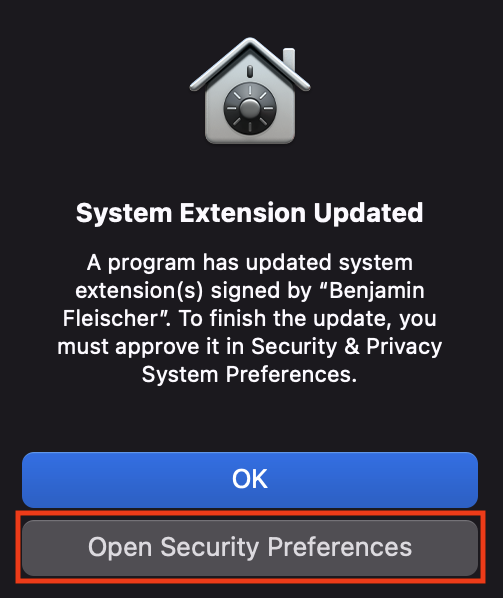 Previous System Extension Updated window