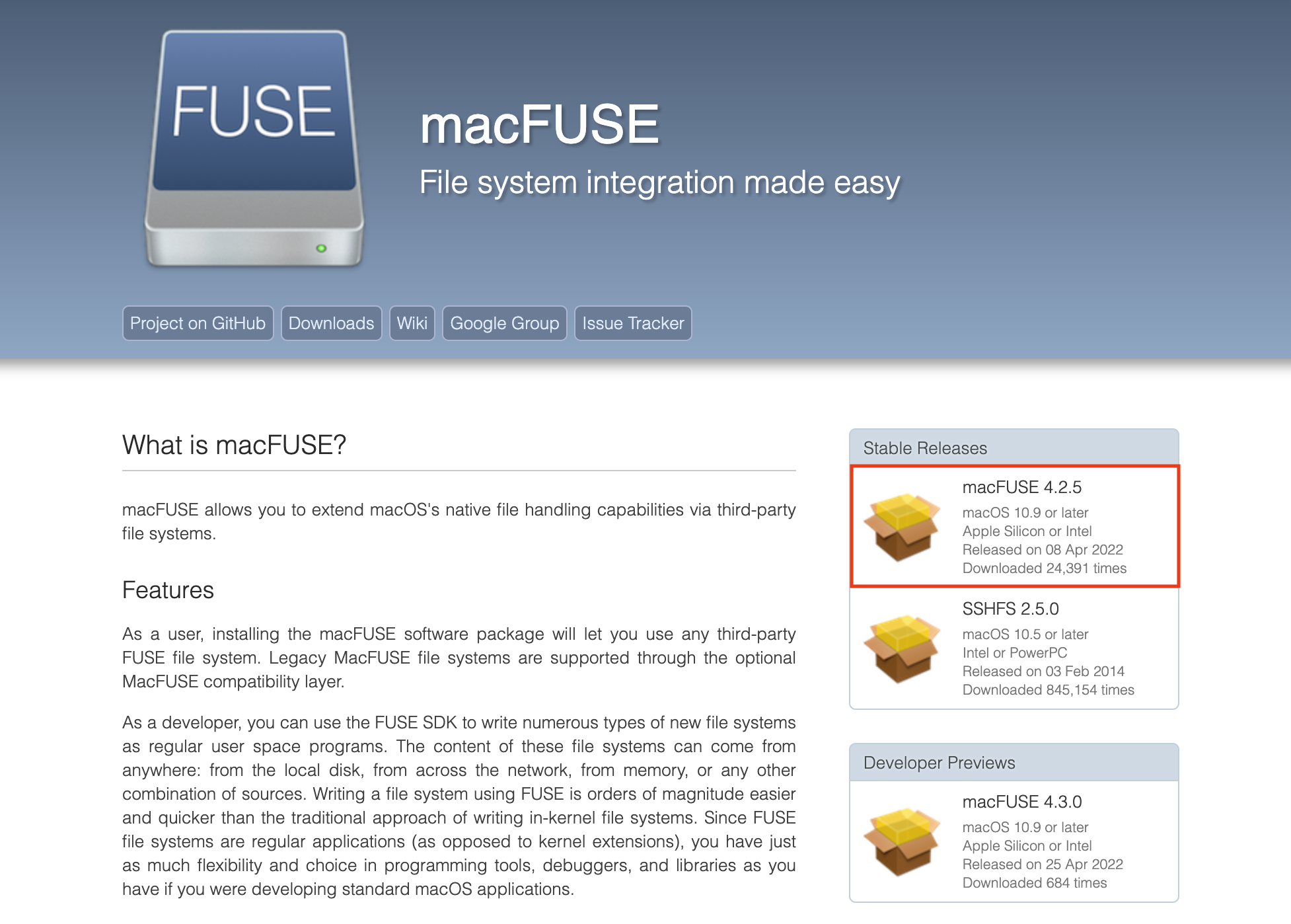 écran de téléchargement de macFUSE