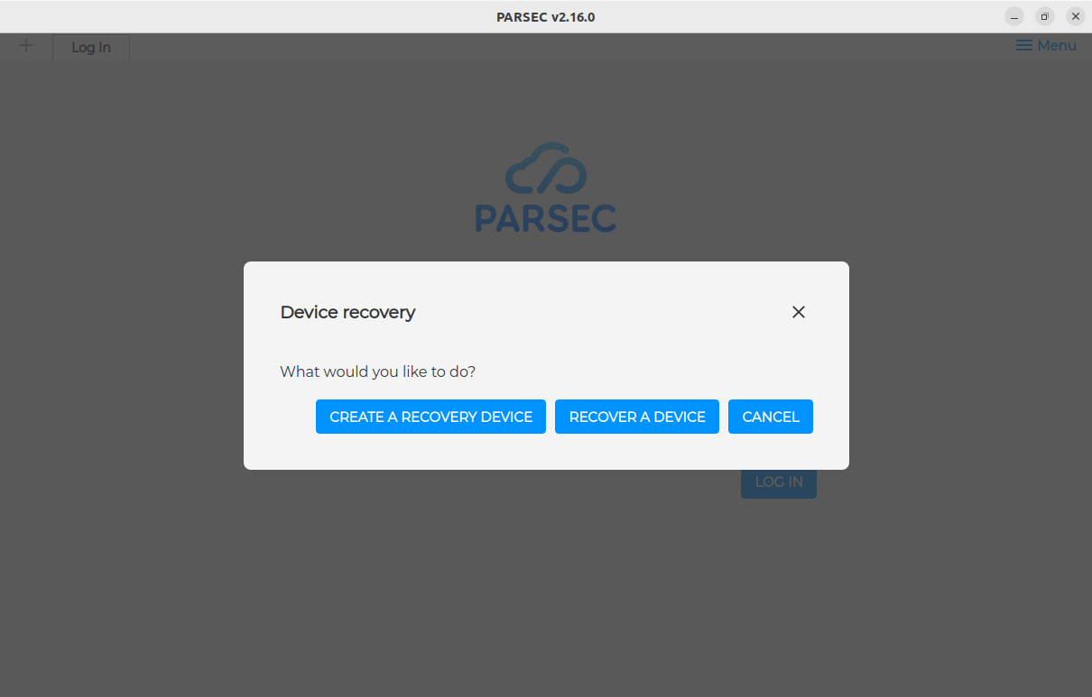 Boite de dialogue Parsec pour la récupération d'appareil