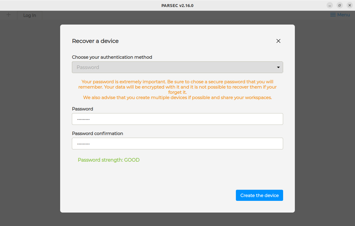 Boite de dialogue de configuration du nouveau mot de passe pour l'appareil récupéré