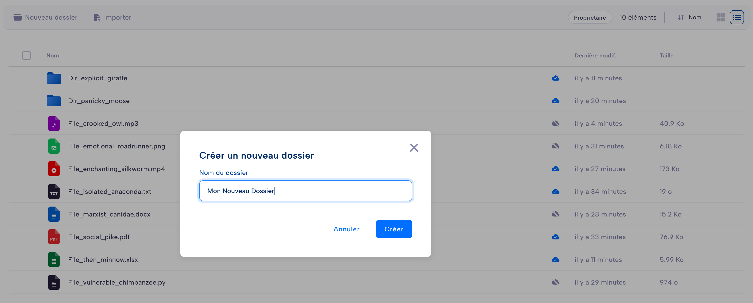 Capture d'écran de la création de dossier