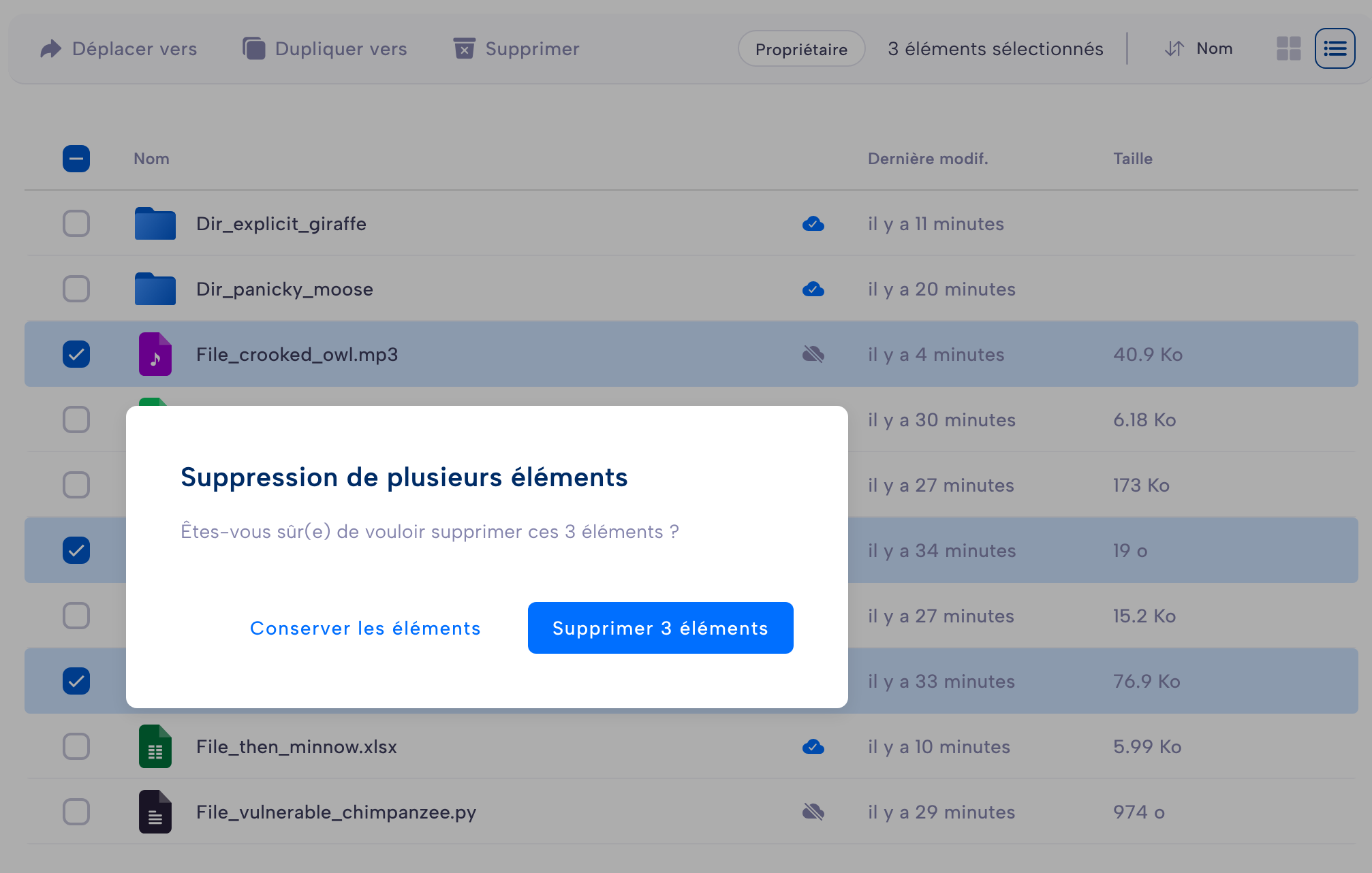 Capture d'écran de la suppression de fichiers