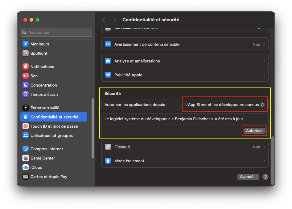 écran d'autorisation de macFUSE