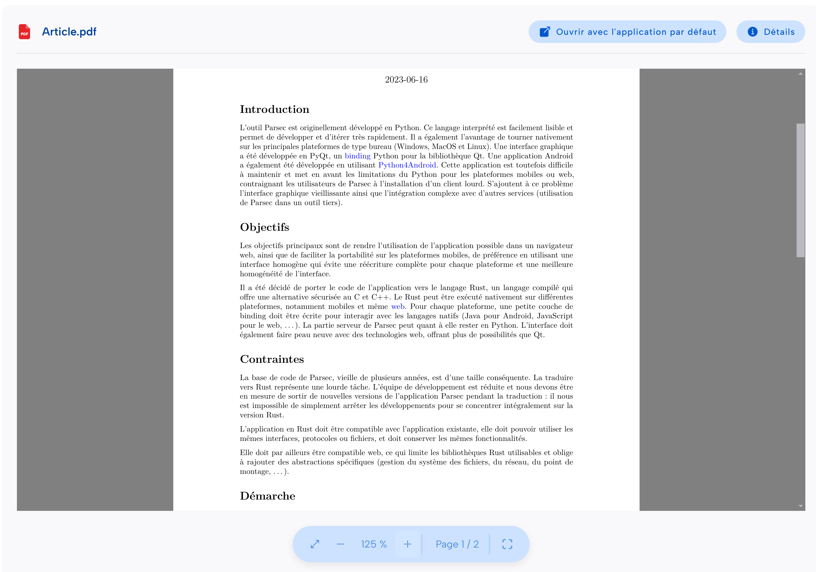 Capture d'écran de la visualisation de PDF